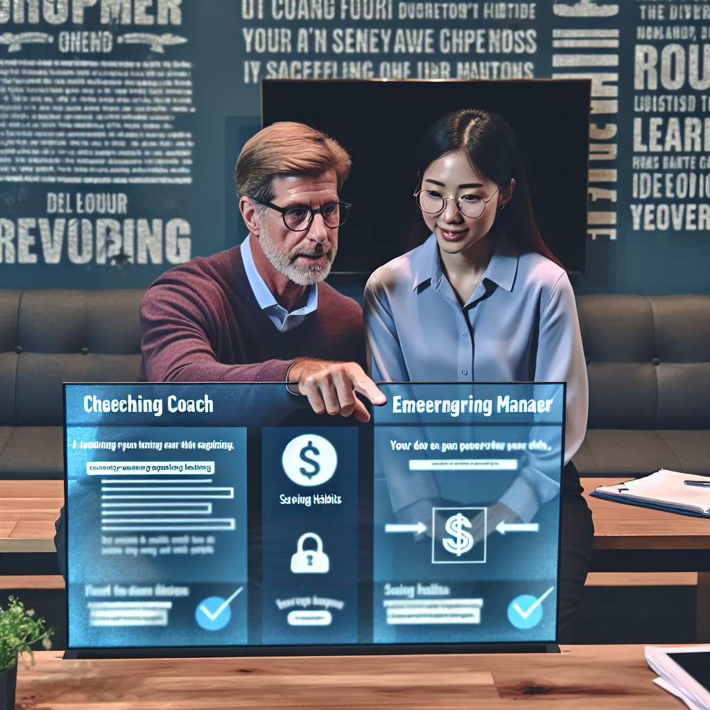 Coach guiding emerging manager through savings habit checklist using sky blue touchscreen display inside informal learning hub decorated with inspirational typography panels