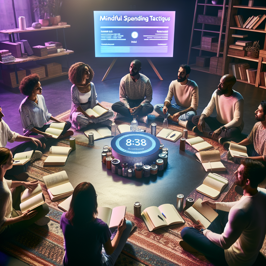Community finance circle gathered around open notebooks sharing mindful spending tactics under soft purple lighting and energizing digital timer on central monitor