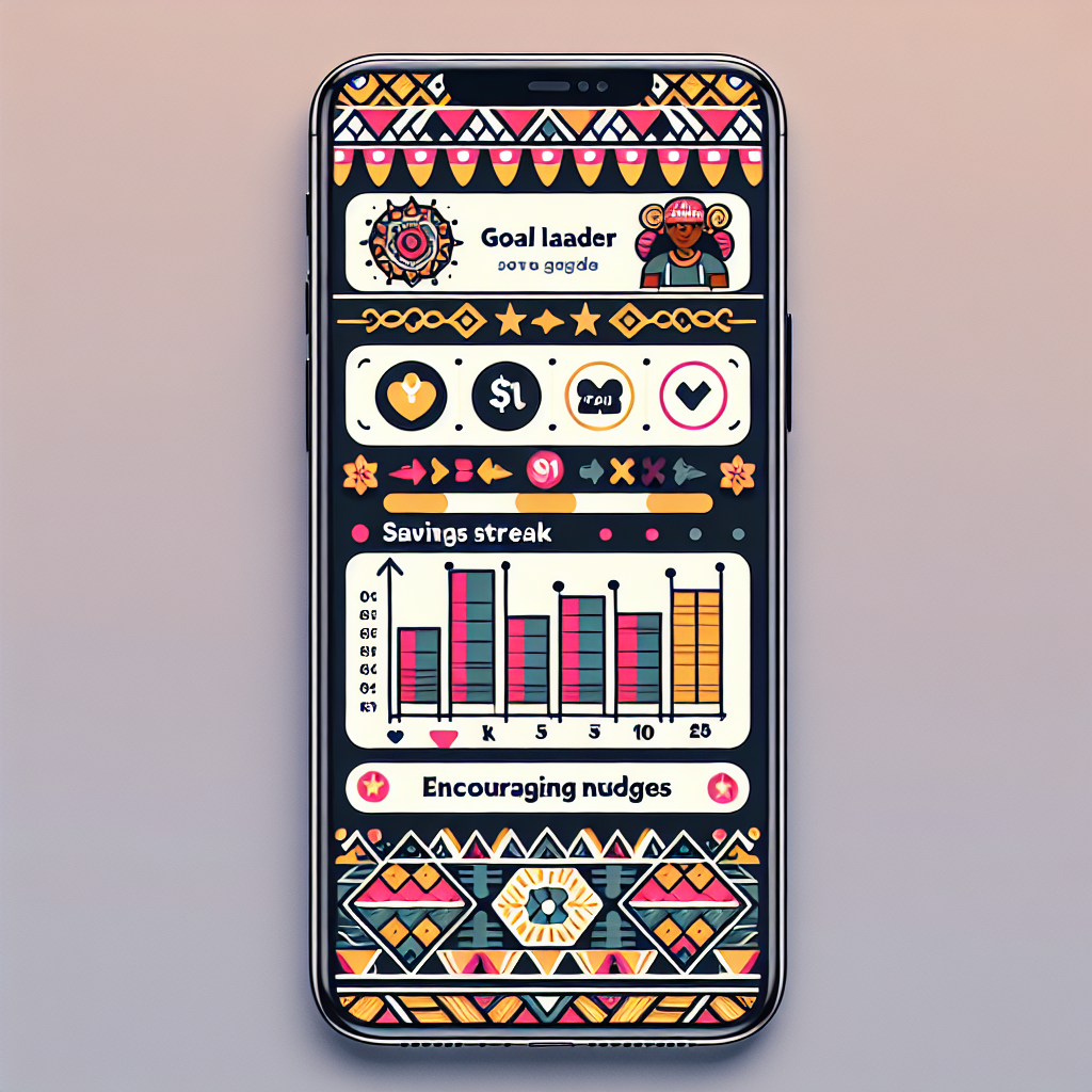 Mobile interface mock-up demonstrating goal ladder feature, savings streak tracker, and encouraging nudges with Ghanaian cultural motifs along gradient background