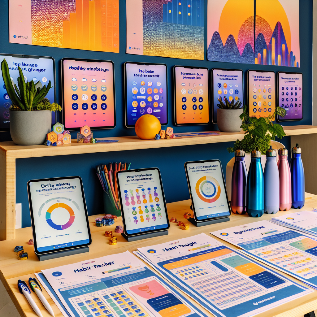 Vibrant motivational workspace with printed habit trackers, reusable water bottles, and collaborative tablets showing daily micro-challenges for reinforcing responsible money choices