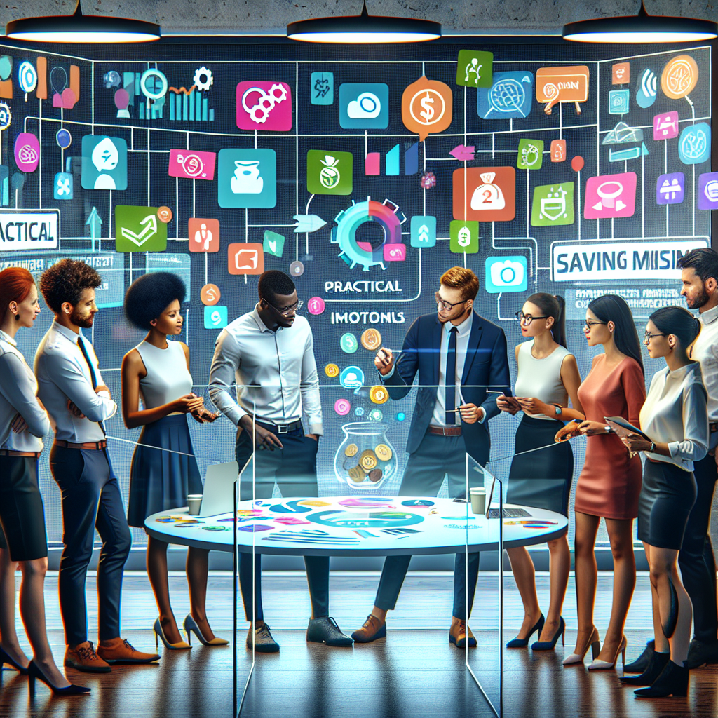 Young professional team in Accra brainstorming practical savings milestones around modern glass board with motivational sticky notes and animated icons projected on surrounding walls